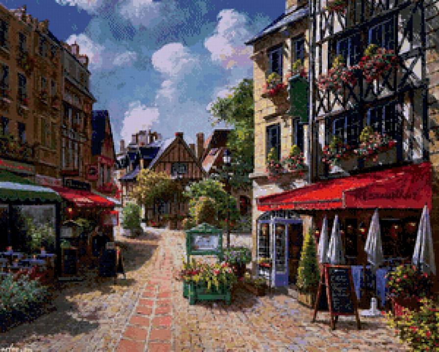 южный городок - небо, кафе, цветы, город, живопись, пейзаж, двор, лето, юг - предпросмотр