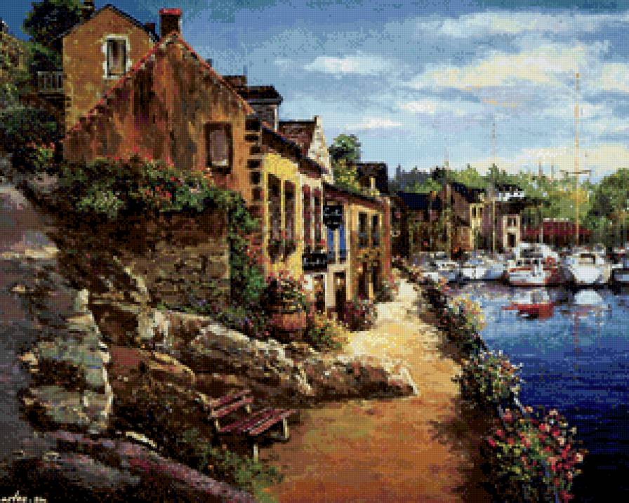 дома на берегу - домики, лодки, небо, город, берег, лето, пейзаж, юг, море - предпросмотр