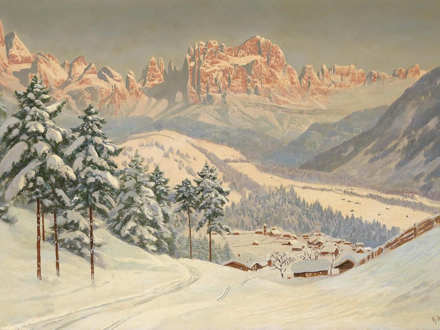 деревня в горах - живопись, альпы, вечер, пейзаж, снег, зима, горы, закат, природа - оригинал