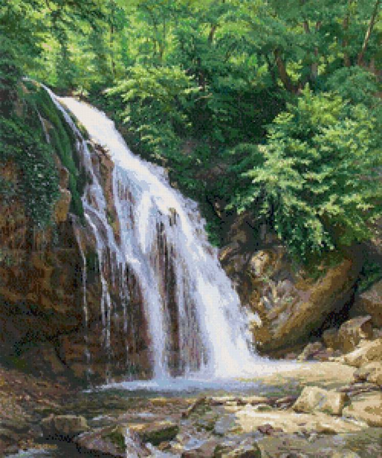 водопад в лесу - лес, дерево, пейзаж, природа, живопись, река, водопад - предпросмотр