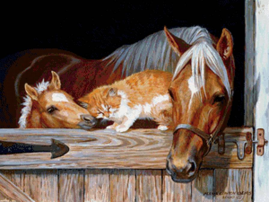 друзья - животное, природа, живопись, кошка, жеребенок, лошадь, дружба - предпросмотр