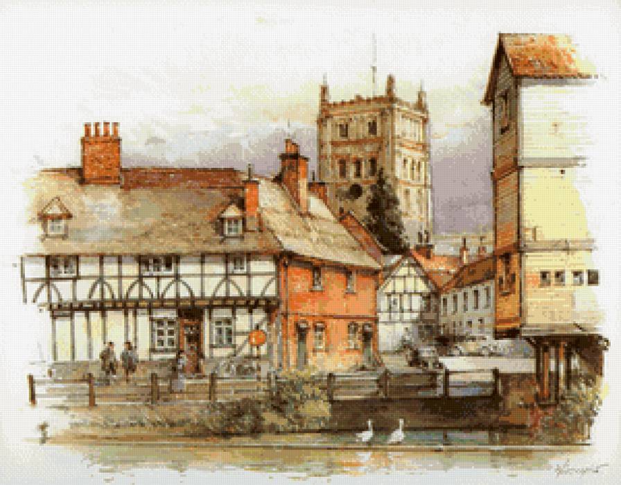 чешский городок - пейзаж, графика, дома, чехия, город - предпросмотр