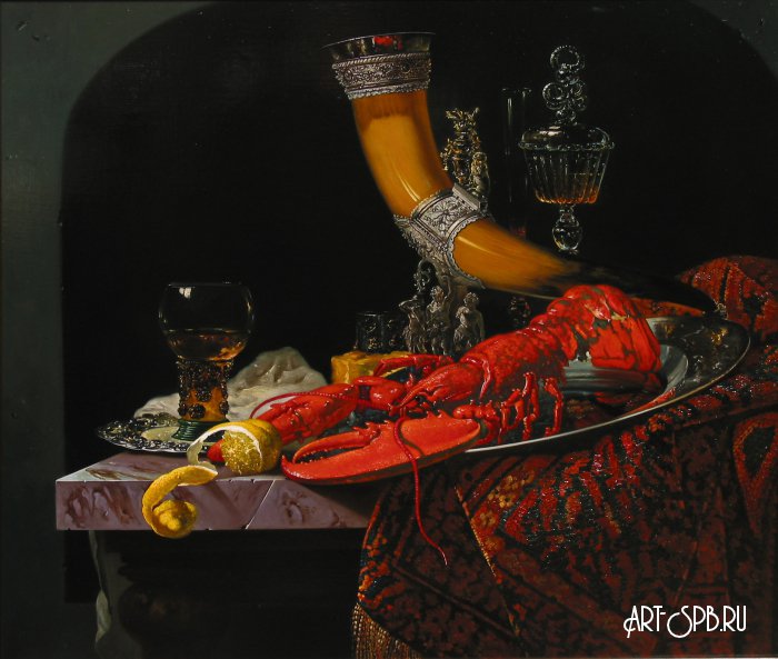 Натюрморт с омаром, рогом для вина и бокалами 1653 Виллем Кальф - натюрморт - оригинал