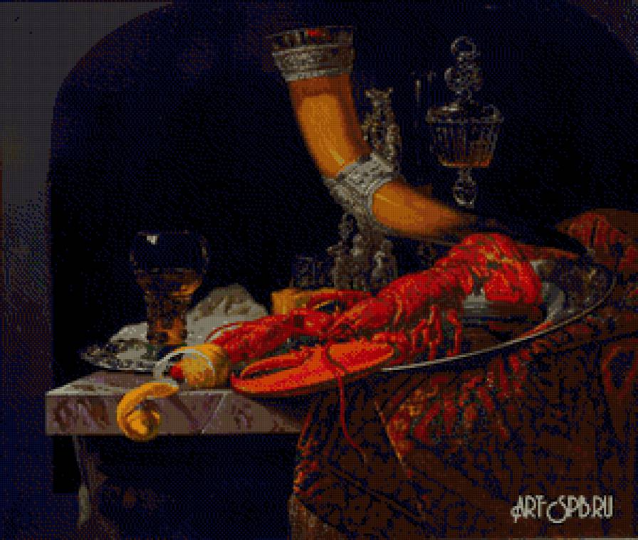 Натюрморт с омаром, рогом для вина и бокалами 1653 Виллем Кальф - натюрморт - предпросмотр