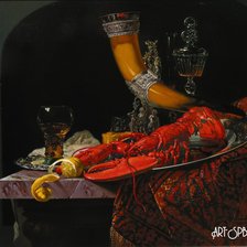 Оригинал схемы вышивки «Натюрморт с омаром, рогом для вина и бокалами 1653 Виллем Кальф» (№900848)