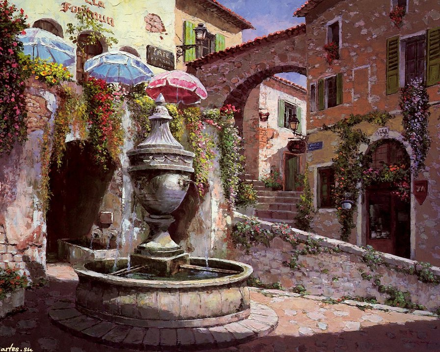 дворик с фонтаном - юг, уют, лето, дворик, кафе, графика, фонтан - оригинал