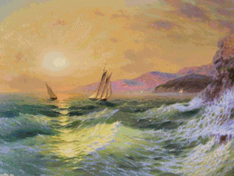 парусники в море - море, горы, закат, парусник, волны, океан, паруса, чайки, небо - предпросмотр