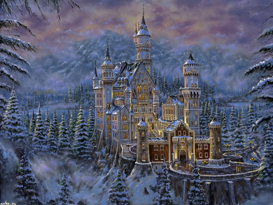 замок в горах - сказка, вечер, замок, горы, пейзаж, зима, живопись, снег - оригинал