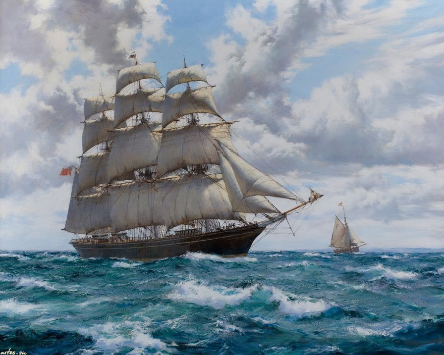 парусник - океан, парусник, волны, чайки, море, небо, паруса - оригинал