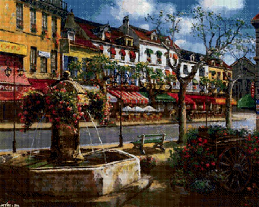 фонтан в городе - городок, кафе, лето, улочка, франция, море, фонтан, юг, горы - предпросмотр