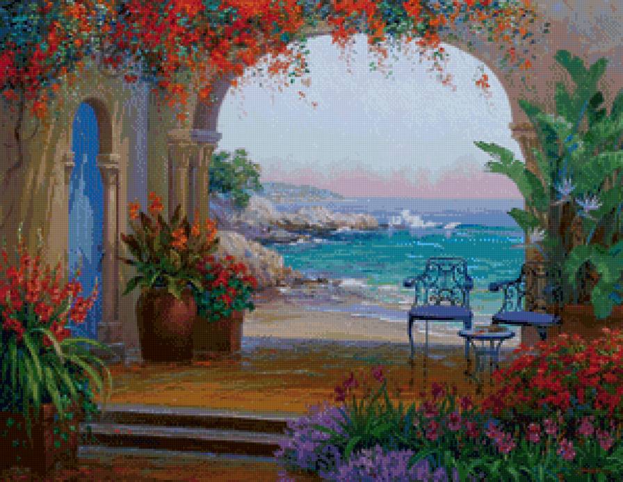вид на море через арку - арка, океан, пейзаж, живопись, море, волны, цветы, терраса - предпросмотр
