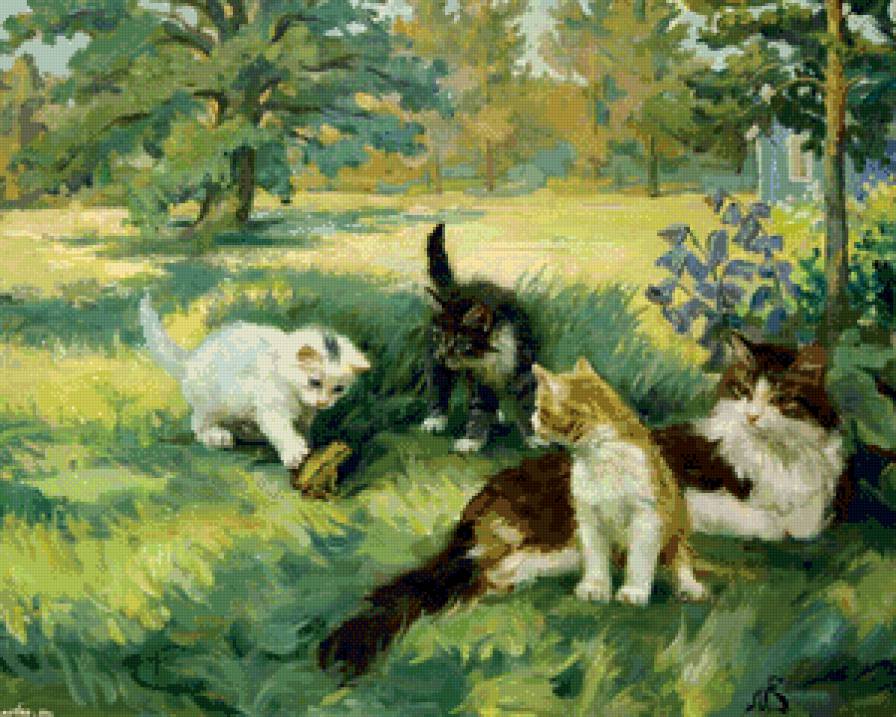 кошка с котятами - дети, кошка, живопись, природа, мать, животные, сад, котята - предпросмотр