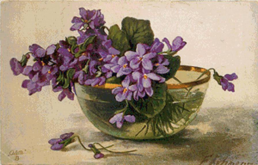 фиалки в стеклянной вазе - цветы, открытка, букет, фиалки, нежность, ваза, стекло, ретро - предпросмотр