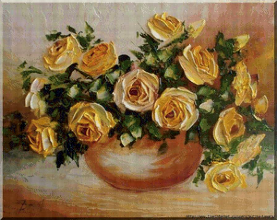 кремовые розы в вазе - живопись, ваза, масло, натюрморт, букет, цветы, розы - предпросмотр