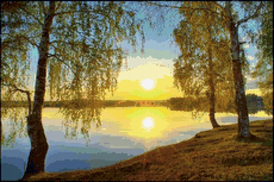 Березы в лучах солнца - пейзаж, солнце, река, природа. березы - предпросмотр