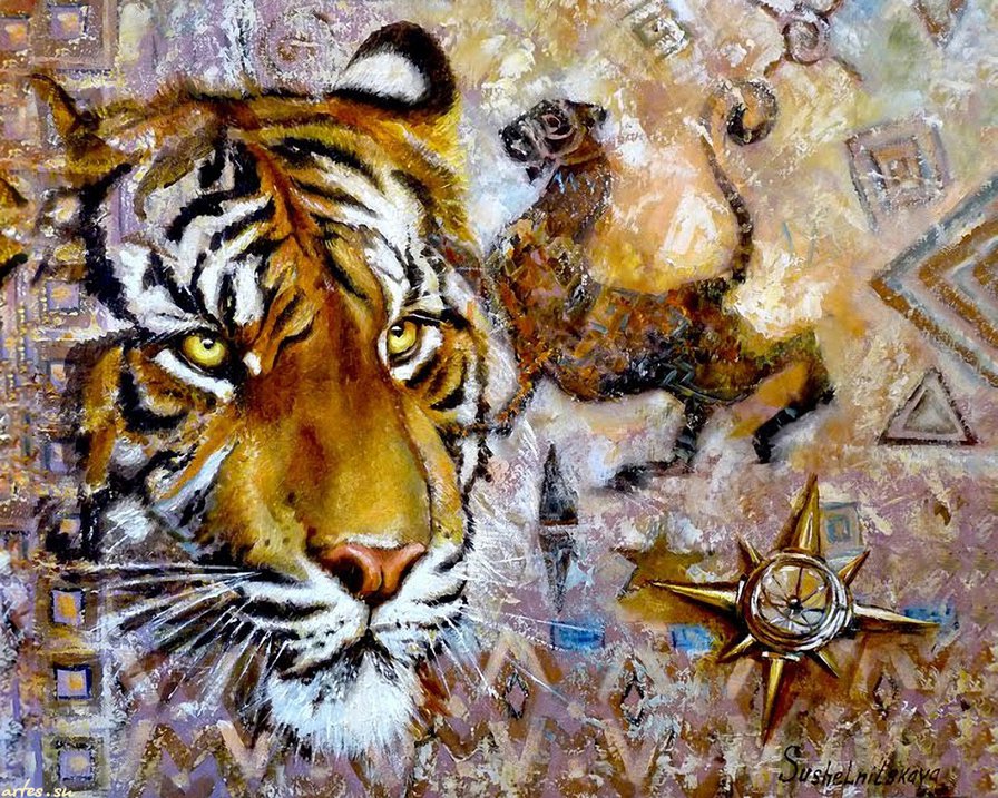 панно с тигром - орнамент, тигр, животные, рисунок, панно, кошки, природа - оригинал