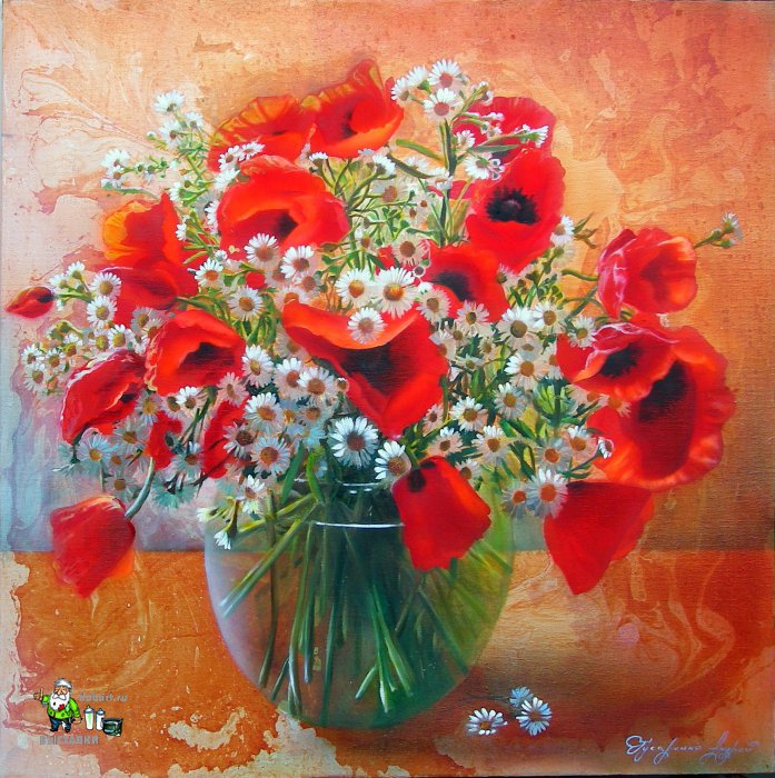 маки и ромашки в вазе - ваза, цветы, натюрморт, ромашки, живопись, маки, букет - оригинал
