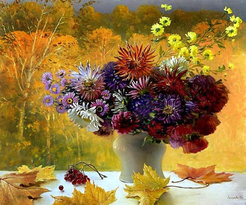 осенний букет - лист, букет, живопись, сад, осень, астры, ваза, пейзаж - оригинал