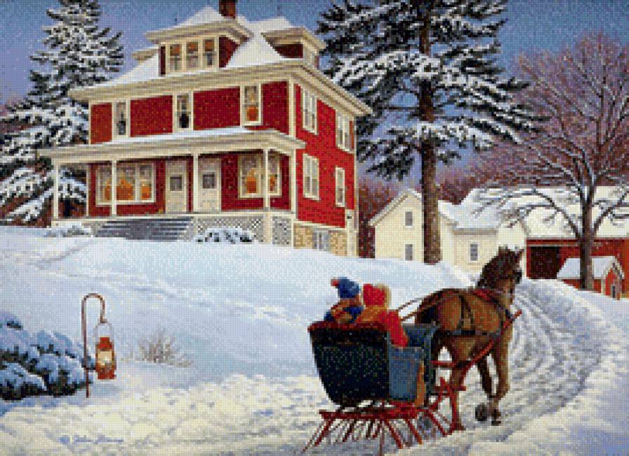 утренняя прогулка - дом, снег, лес, зима, дети, животные, лошадь - предпросмотр