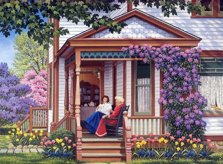 беседа - лес, девушка, люди, лето, родители, пара, дом - оригинал