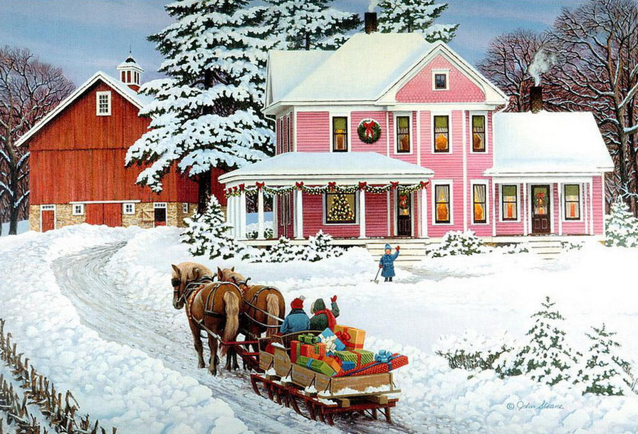 ранние гости - подарки, дом, зима, лошадь, снег, праздник, люди - оригинал