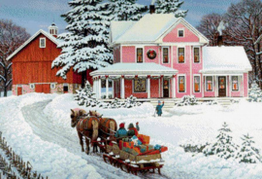 ранние гости - праздник, лошадь, люди, подарки, дом, зима, снег - предпросмотр