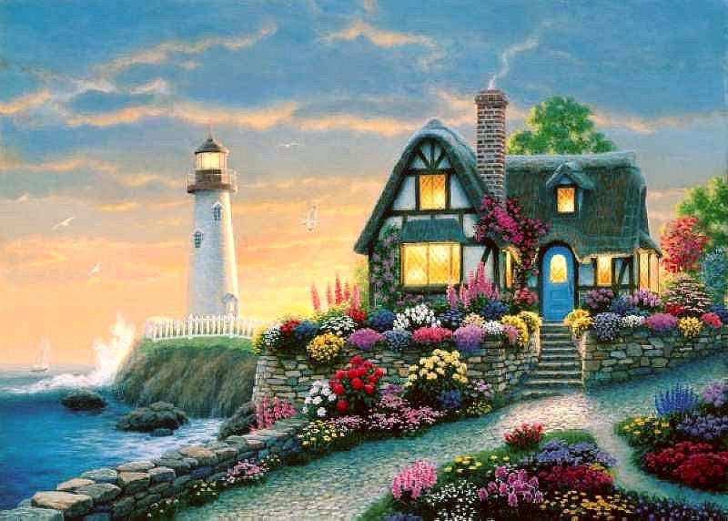 маяк у моря - дорога, маяк, волны, лето, цветы, дом, море - оригинал