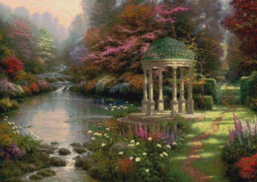 Беседка в парке - ручей, цветы., каскад, парк - предпросмотр