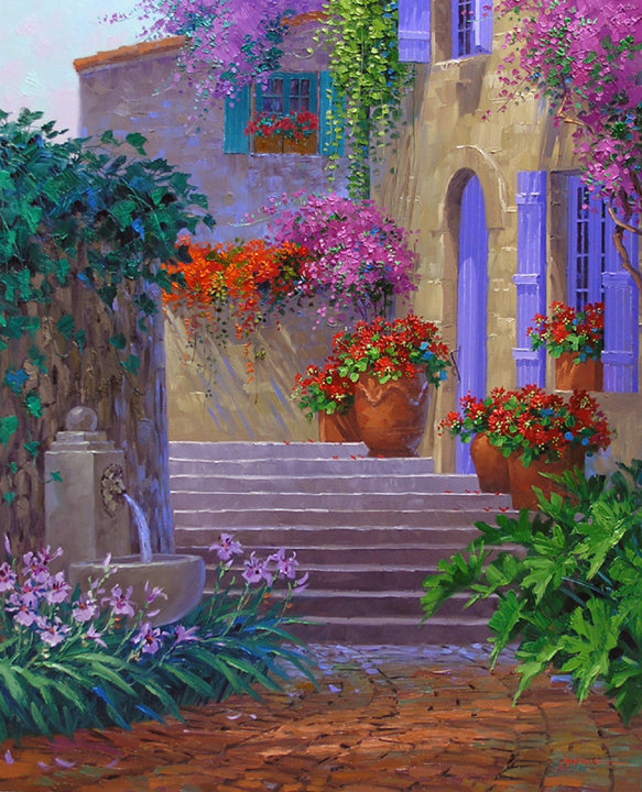 уютный дворик - уют, лестница, цветы, жара, юг, дворик, лето, море, домик - оригинал