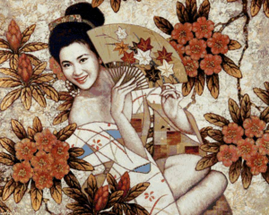 японская девушка с веером в цветах - графика, весна, девушка, веер, картина, япония, восток - предпросмотр