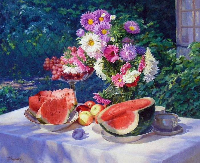 дары лета - сад, цветы, ваза, астры, живопись, натюрморт, лето, арбуз - оригинал