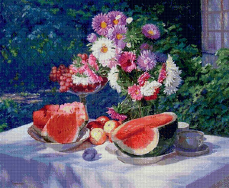 дары лета - натюрморт, цветы, лето, астры, ваза, сад, арбуз, живопись - предпросмотр