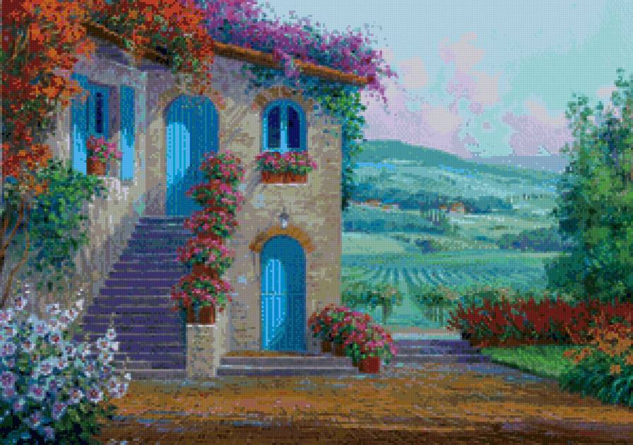 прованский пейзаж - цветы, сад, прованс, пейзаж, лето, виноград, живопись - предпросмотр