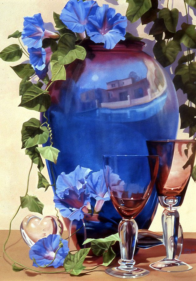 синяя ваза с цветами и бокалами - букет, ваза, сердце, бокалы, живопись, цветы, натюрморт - оригинал