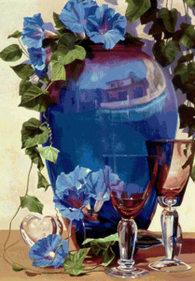 синяя ваза с цветами и бокалами - натюрморт, букет, сердце, ваза, бокалы, цветы, живопись - предпросмотр