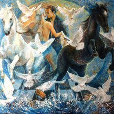 танцующая пара с голубями и лошадями