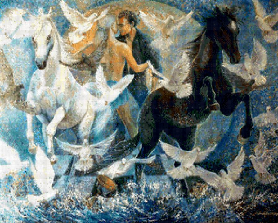 танцующая пара с голубями и лошадями - графика, страсть, голуби, любовь, лошади, пара - предпросмотр