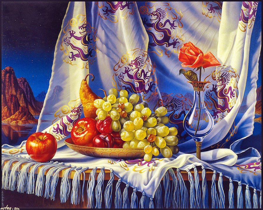 красочный натюрморт с фруктами и розой - еда, ваза, живопись, кухня, фрукты, виноград, натюрморт, роза - оригинал