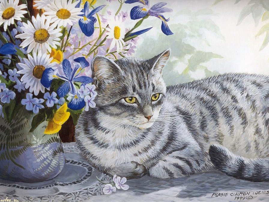 котик с ромашками - ваза, кошка, животные, букет, ромашки, кот, цветы, детское - оригинал