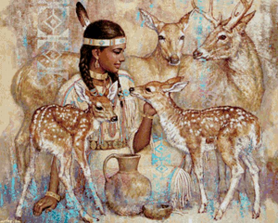 индейская девушка с оленями - индеец, семья, девушка, картина, дружба, животное, олень - предпросмотр