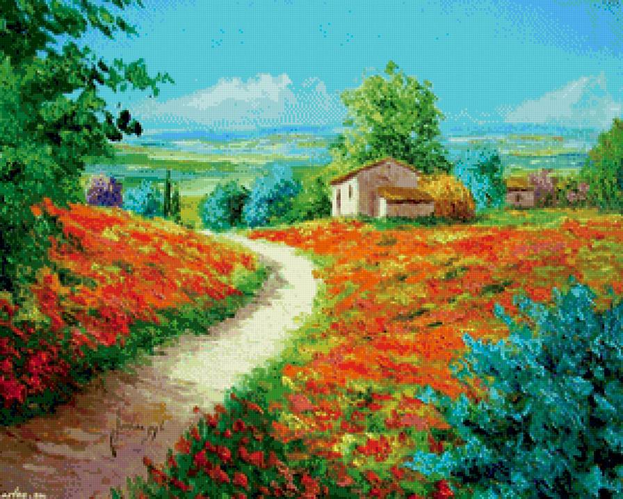 цветущие поля - пейзаж, поле, дом, цветы, лето, живопись, подсолнухи - предпросмотр