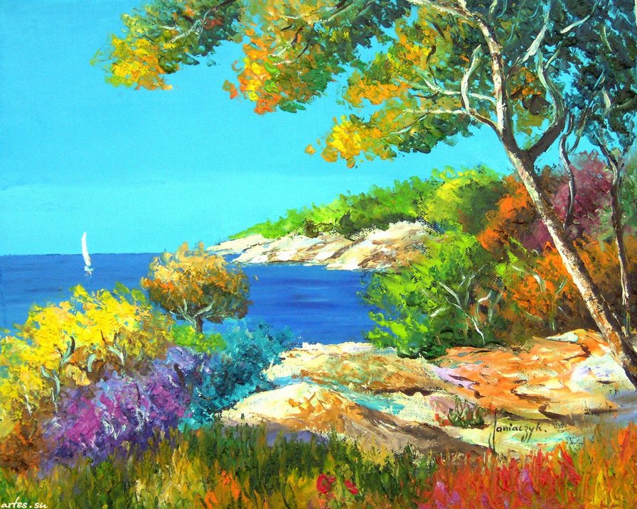 морской пейзаж - парус, жара, живопись, горы, пейзаж, море, природа, лето, берег - оригинал