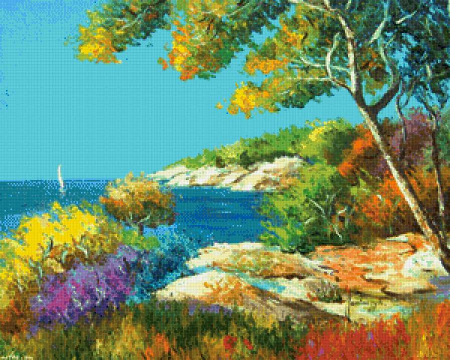 морской пейзаж - берег, природа, пейзаж, живопись, горы, море, лето, жара, парус - предпросмотр