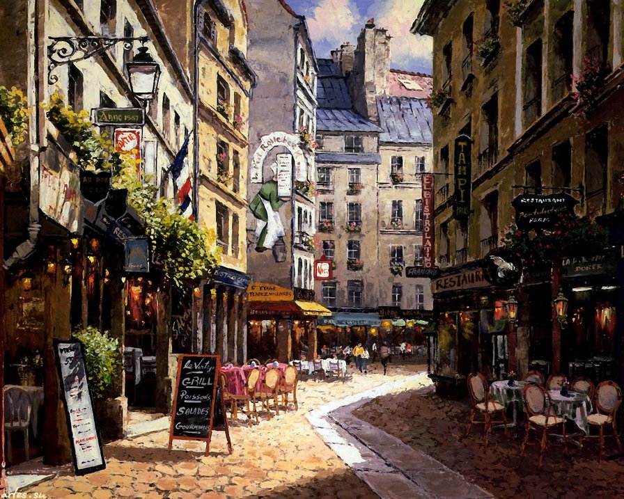 парижская улочка - город, улица, кафе, франция, фонарь, париж, рисунок - оригинал