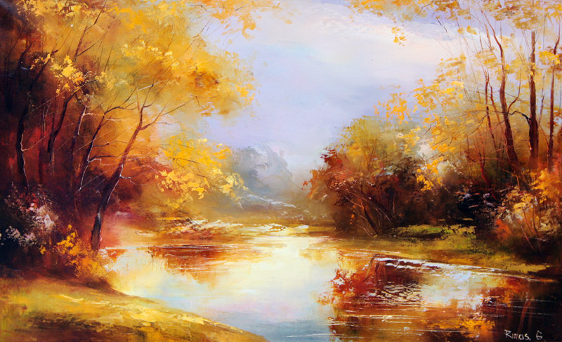 золотая осень над рекой - живопись, золото, природа, осень, река, дерево - оригинал