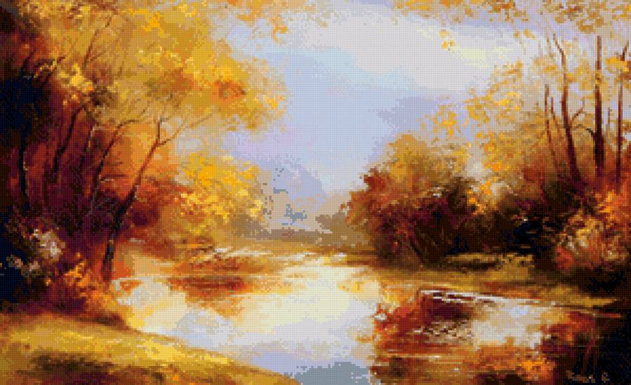 золотая осень над рекой - природа, дерево, золото, живопись, река, осень - предпросмотр