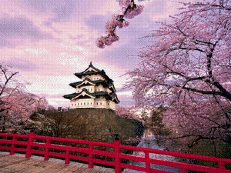 Японский пейзаж - япония, сакура, мост - предпросмотр