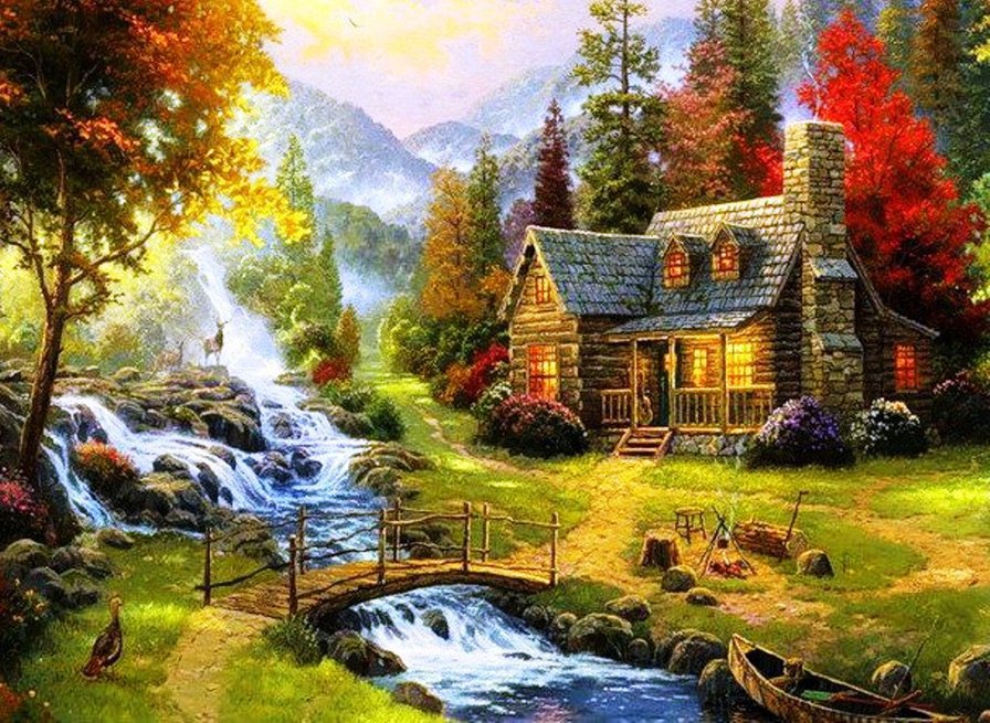 Райский уголок - картина, мост, дом, река, лес, природа, пейзаж - оригинал
