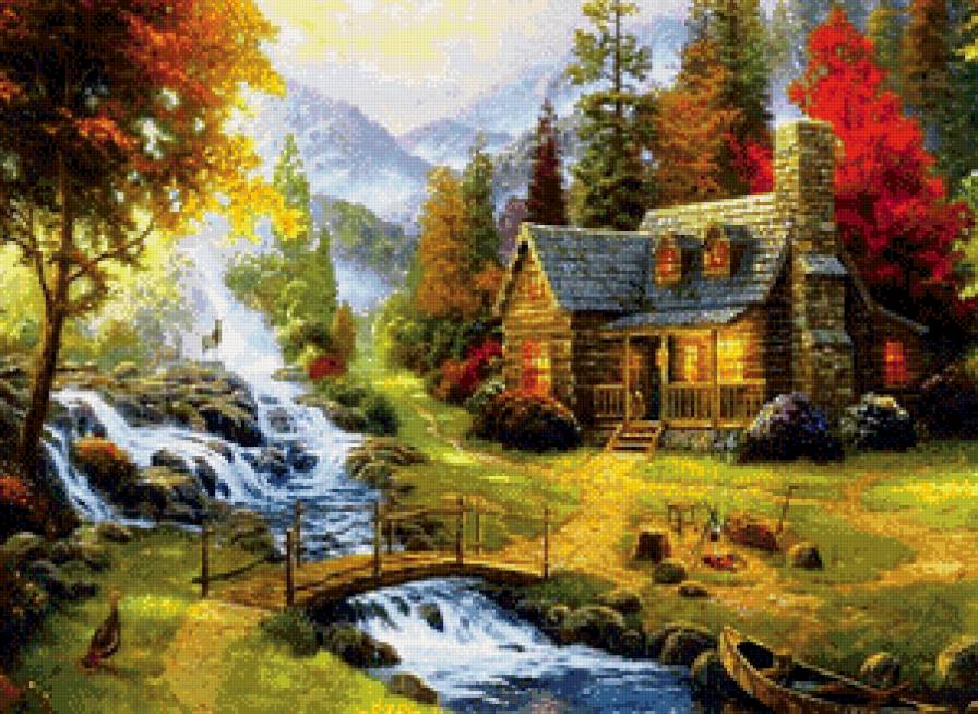 Райский уголок - картина, дом, природа, река, мост, лес, пейзаж - предпросмотр