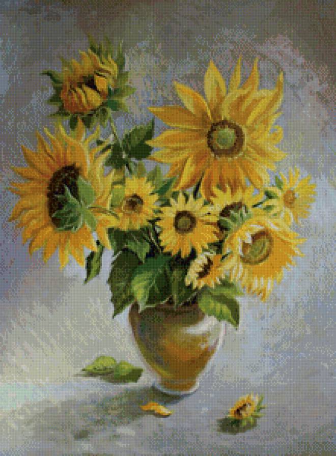 подсолнухи в горшке - панно, подсолнухи, картина, горшок, ваза, живопись, цветы, букет - предпросмотр